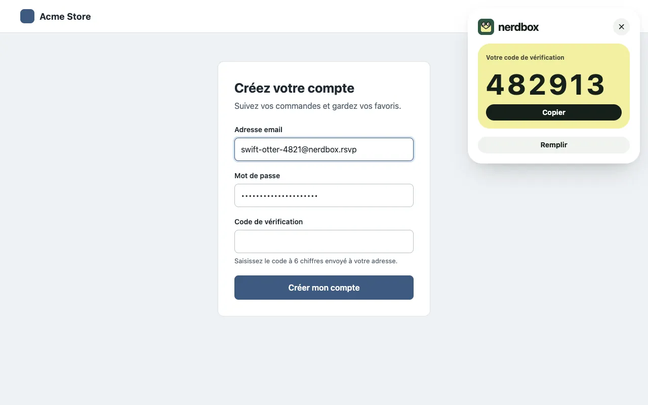 Le panneau nerdbox sur une page d’inscription : l’adresse qu’il a remplie et le code reçu.