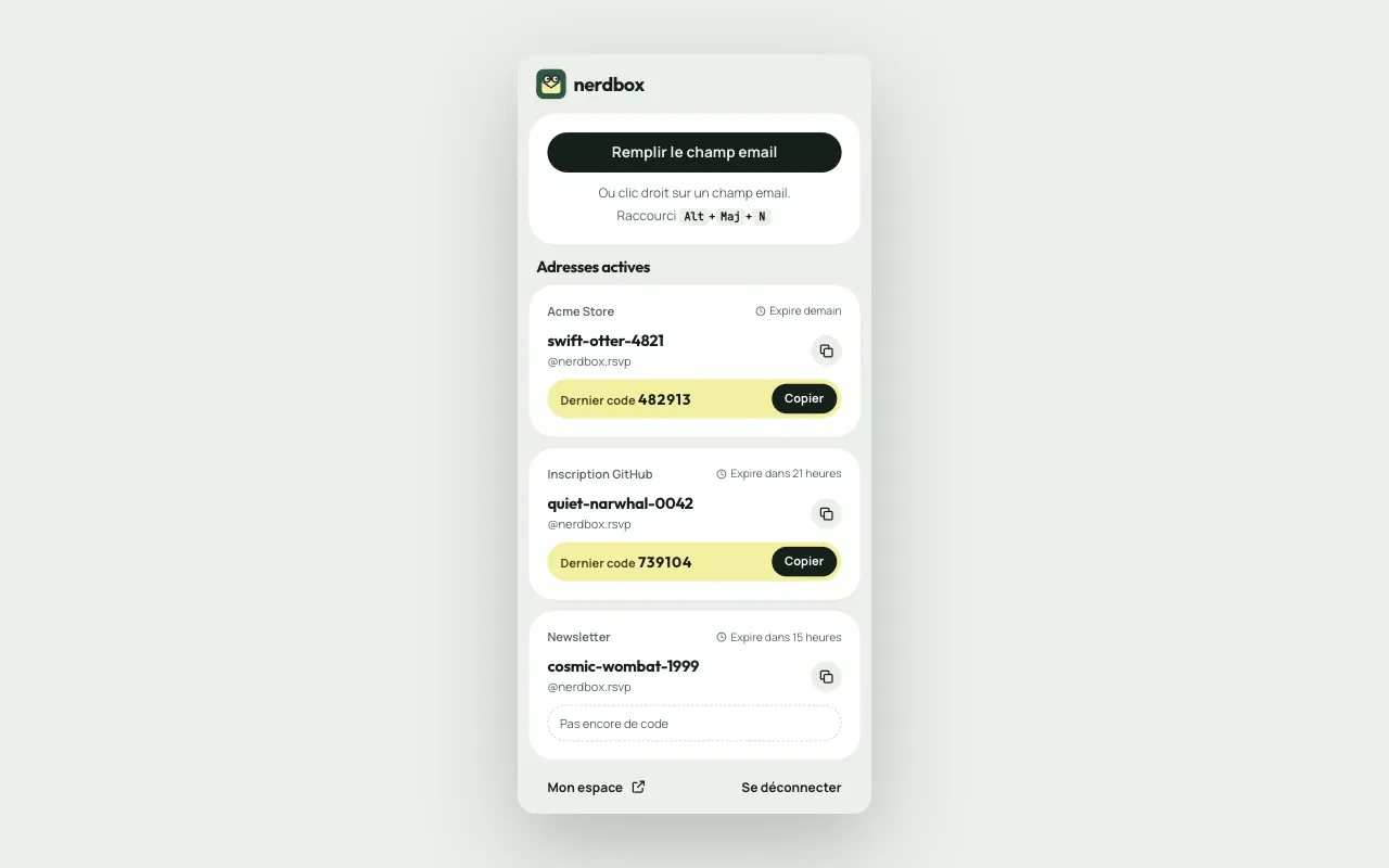 La fenêtre de l’extension : les adresses actives et leur dernier code.